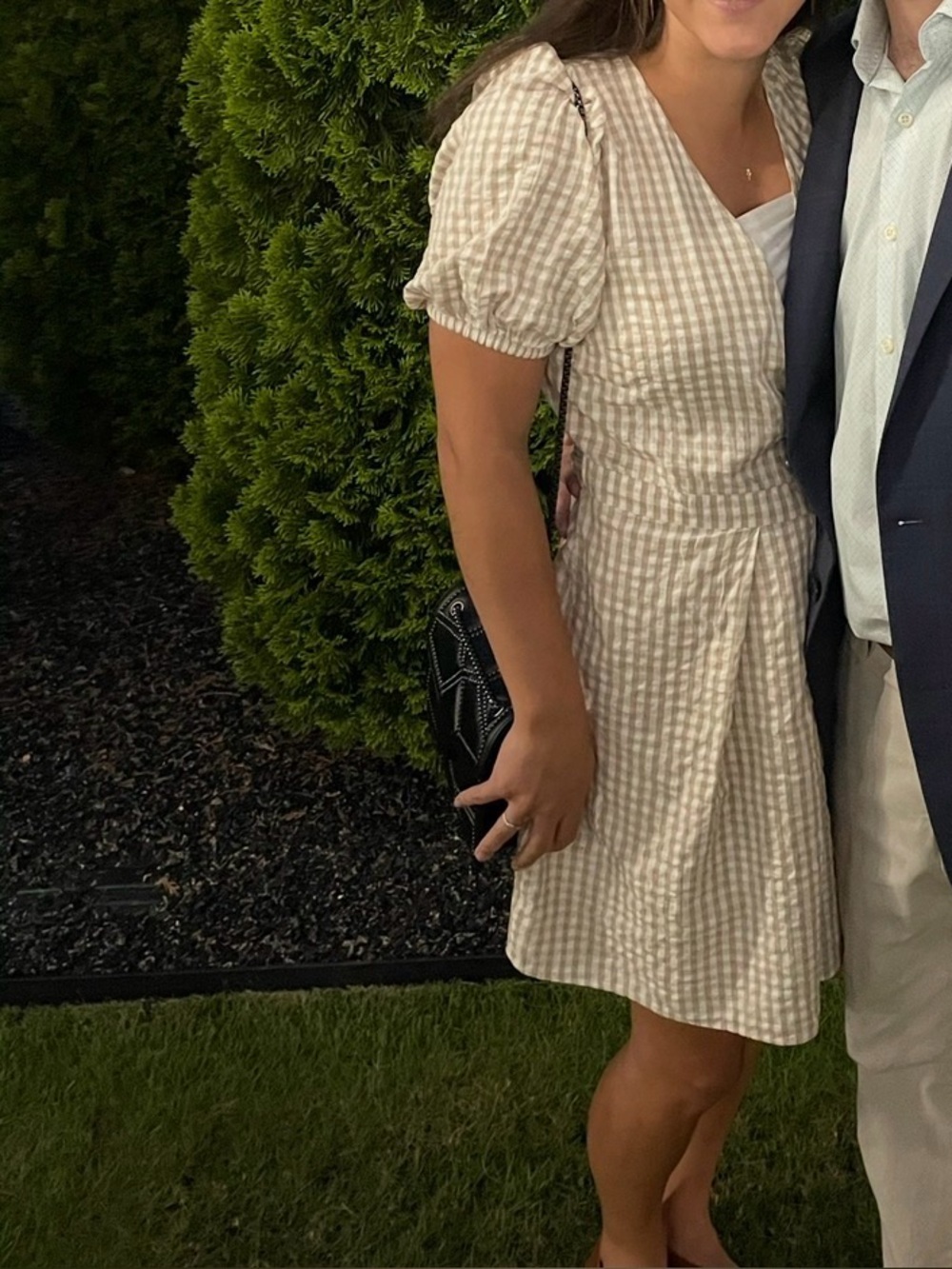 H&M Beige Gingham Midi Wrap Dress with Puff Sleeves